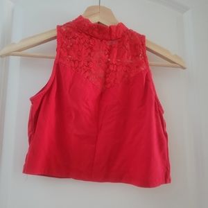 Red Crop top with lace on the neck